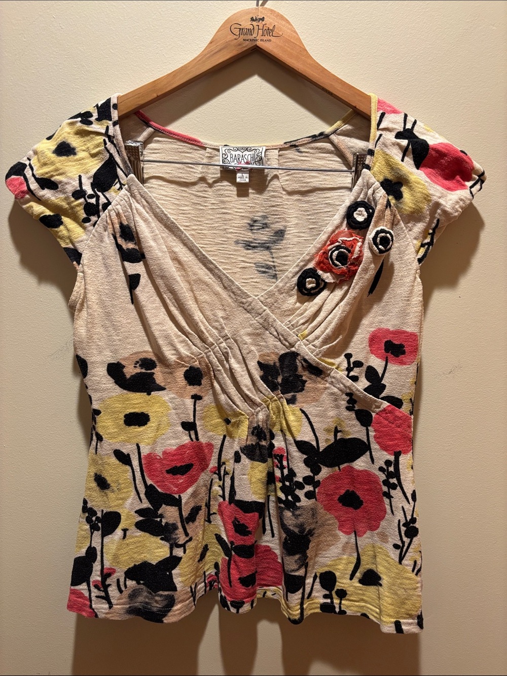 Yoana Baraschi Beige Floral Cap-Sleeve V-Neck Top with Red & Yellow Blooms